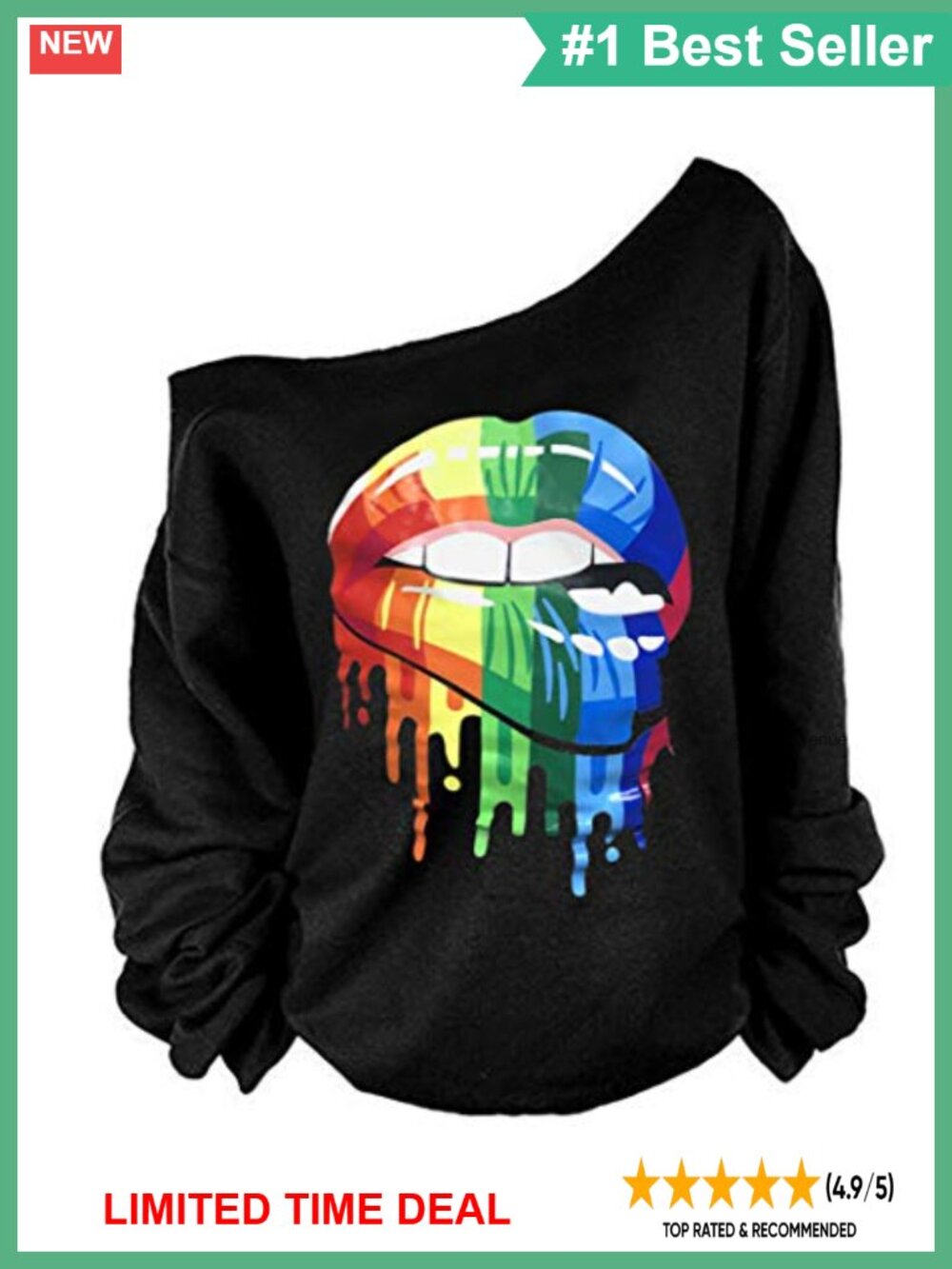 Off Shoulder Lips Print Long Sleeve Slouchy Pullover Sweatshirt